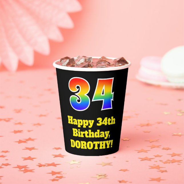 34th Birthday: Colorful, Fun, Exciting, Rainbow 34 Paper Cups (Insitu)