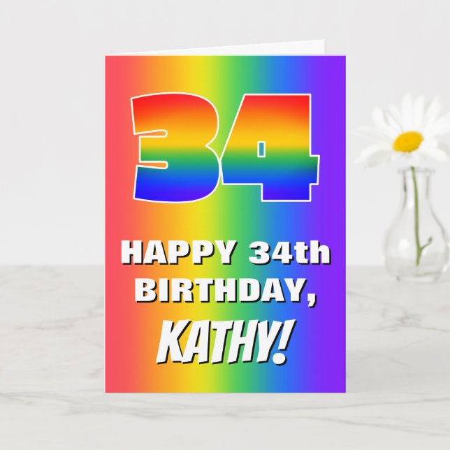 34th Birthday: Colorful, Fun Rainbow Pattern # 34 Card (Small Plant)