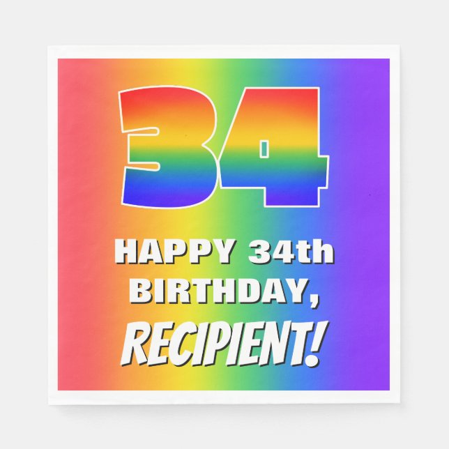 34th Birthday: Colorful, Fun Rainbow Pattern # 34 Napkins (Front)