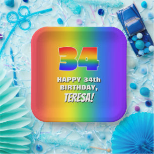 34th Birthday: Colorful, Fun Rainbow Pattern # 34 Paper Plates