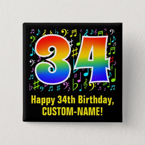 34th Birthday Colorful Music Symbols Rainbow 34 Button