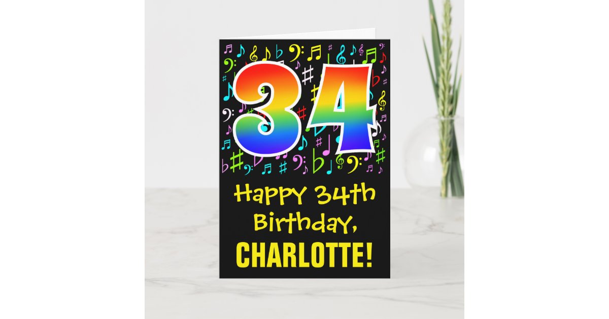 34th Birthday: Colorful Music Symbols + Rainbow 34 Card | Zazzle