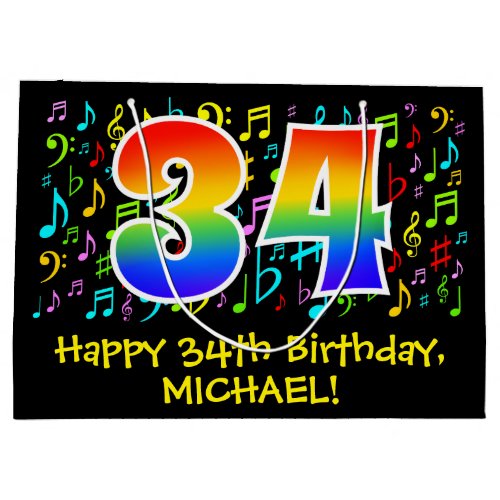 34th Birthday _ Colorful Music Symbols Rainbow 34 Large Gift Bag