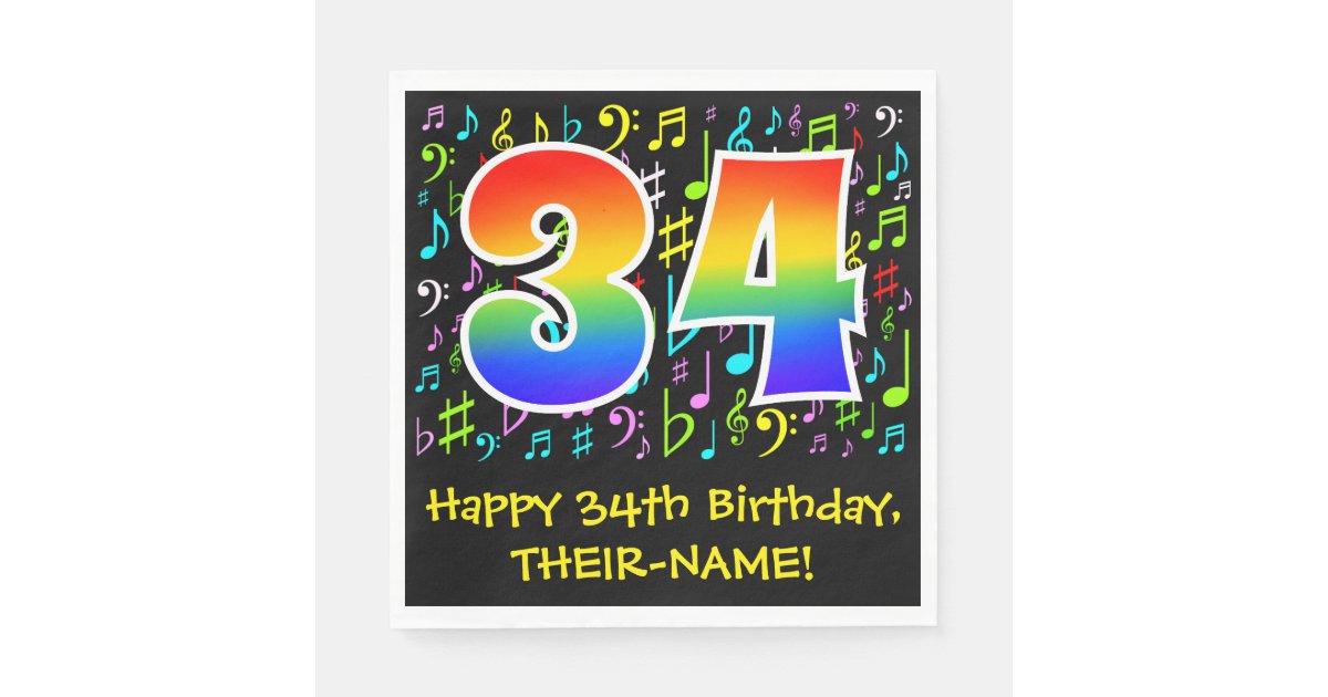 34th Birthday - Colorful Music Symbols, Rainbow 34 Napkins | Zazzle