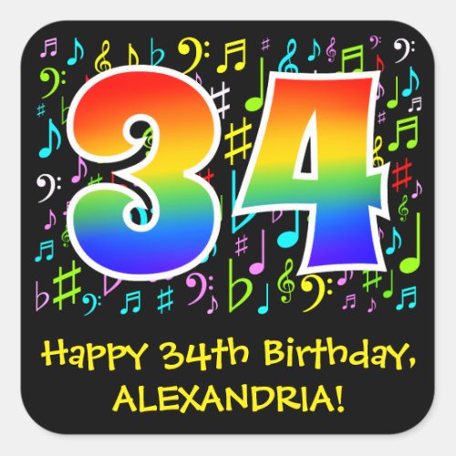 34th Birthday Colorful Music Symbols Rainbow 34 Square Sticker