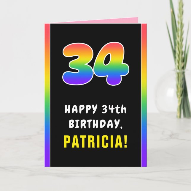 34th Birthday: Colorful Rainbow # 34, Custom Name Card (Front)