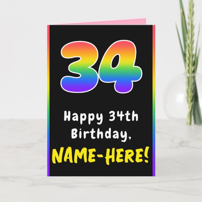 34th Birthday: Colorful Rainbow # 34, Custom Name Card (Front)