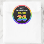 [ Thumbnail: 34th Birthday: Colorful Rainbow # 34, Custom Name Round Sticker ]