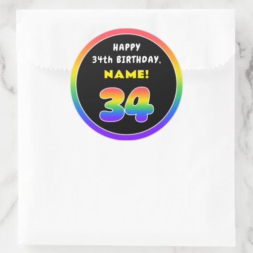 34th Birthday Colorful Rainbow  34 Custom Name Classic Round Sticker