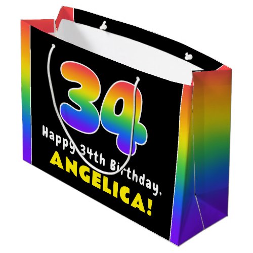34th Birthday Colorful Rainbow  34 Custom Name Large Gift Bag
