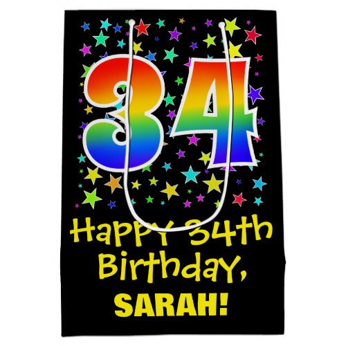 34th Birthday Colorful Stars Pattern  Rainbow 34 Medium Gift Bag