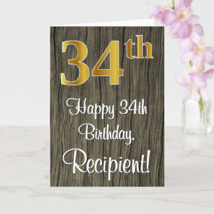34th Birthday: Elegant Faux Gold Look #, Faux Wood Card