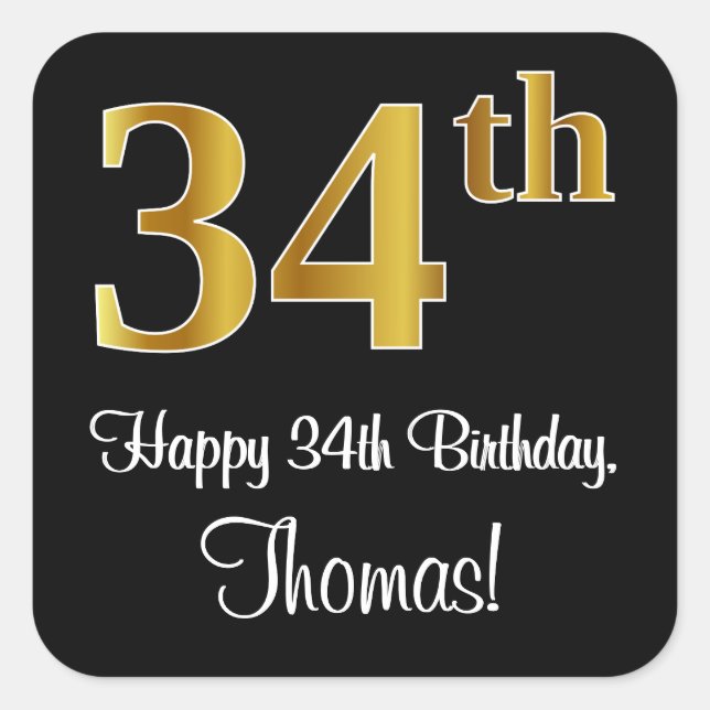 34th Birthday – Elegant Luxurious Faux Gold Look # Square Sticker (Front)