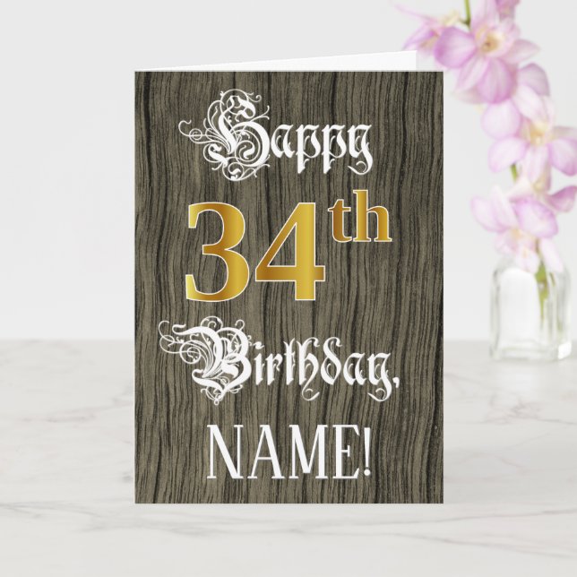 34th Birthday: Faux Gold Look + Faux Wood Pattern Card (Orchid)