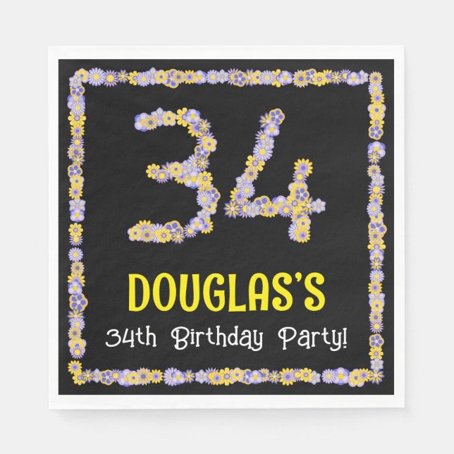 34th Birthday: Floral Flowers Number, Custom Name Napkins (Front)