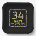 [ Thumbnail: 34th Birthday: Floral Flowers Number, Custom Name Paper Plates ]