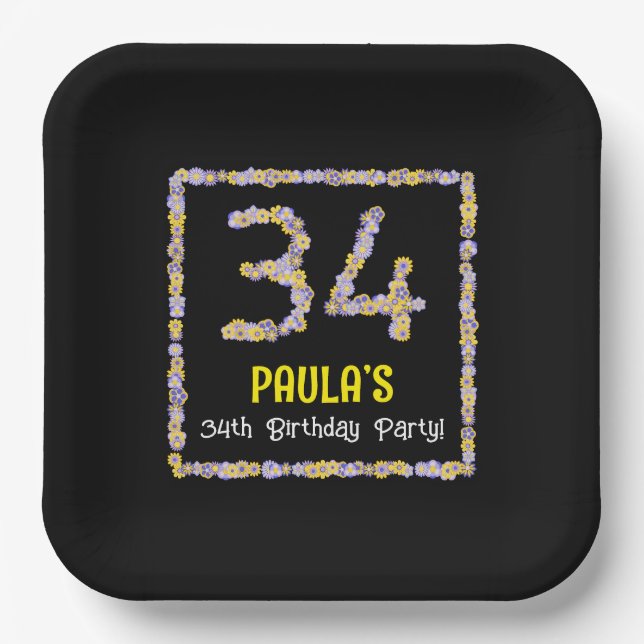 34th Birthday: Floral Flowers Number, Custom Name Paper Plates (Front)