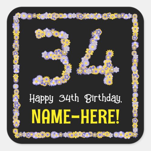 34th Birthday Floral Flowers Number Custom Name Square Sticker