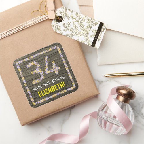 34th Birthday Floral Number Faux Wood Look Name Square Sticker