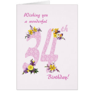34th Birthday Flower Decorated Numbers Cards