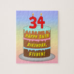 [ Thumbnail: 34th Birthday: Fun Cake and Candles + Custom Name Jigsaw Puzzle ]
