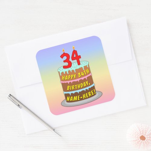 34th Birthday Fun Cake and Candles  Custom Name Square Sticker