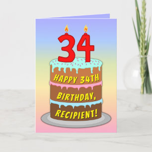 34th Birthday — Fun Cake & Candles, w/ Custom Name Card