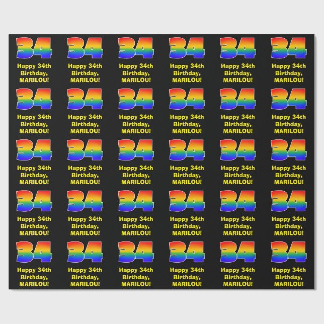 34th Birthday: Fun, Colorful Rainbow Inspired # 34 Wrapping Paper (Flat)