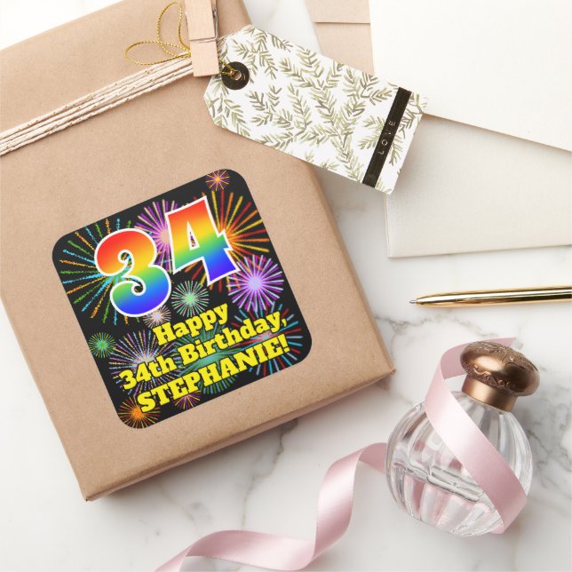 34th Birthday: Fun Fireworks Look, Rainbow # 34 Square Sticker (Gifting)