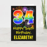 [ Thumbnail: 34th Birthday: Fun Fireworks Pattern + Rainbow 34 Card ]
