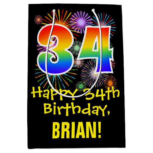 34th Birthday Fun Fireworks Pattern  Rainbow 34 Medium Gift Bag