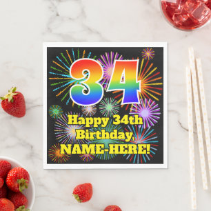 34th Birthday: Fun Fireworks Pattern + Rainbow 34 Napkins