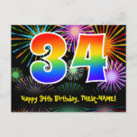 [ Thumbnail: 34th Birthday – Fun Fireworks Pattern + Rainbow 34 Postcard ]