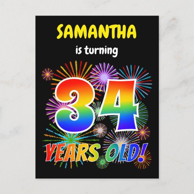 34th Birthday - Fun Fireworks, Rainbow Look "34" Postcard (Front)