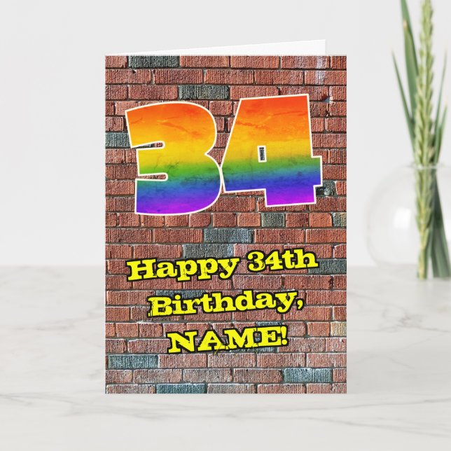 34th Birthday: Fun Graffiti-Inspired Rainbow 34 Card (Front)