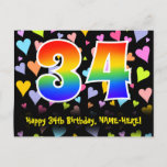 [ Thumbnail: 34th Birthday: Fun Hearts Pattern, Rainbow 34 Postcard ]