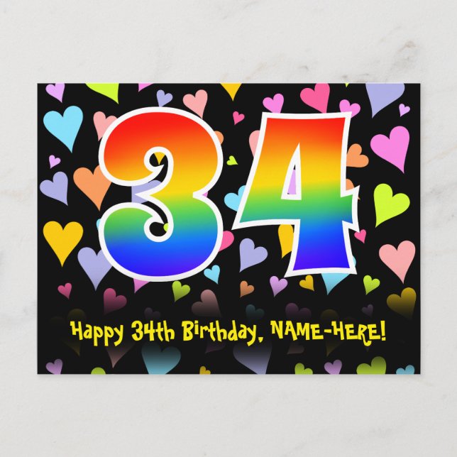 34th Birthday: Fun Hearts Pattern, Rainbow 34 Postcard (Front)
