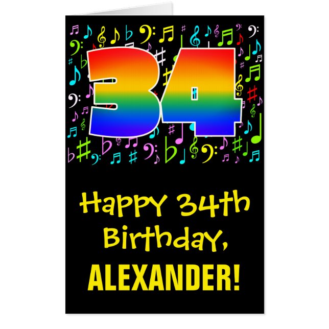 34th Birthday: Fun Music Symbols + Rainbow # 34 Card (Front)