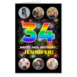 [ Thumbnail: 34th Birthday: Fun Rainbow #, Custom Name + Photos Card ]