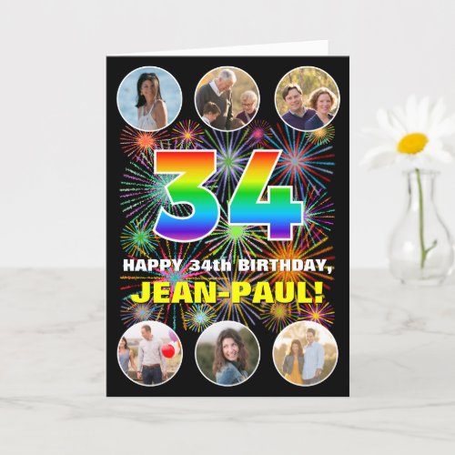 34th Birthday Fun Rainbow  Custom Name  Photos Card