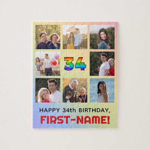 34th Birthday Fun Rainbow  Custom Name  Photos Jigsaw Puzzle