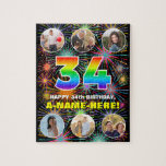 [ Thumbnail: 34th Birthday: Fun Rainbow #, Custom Name + Photos Jigsaw Puzzle ]