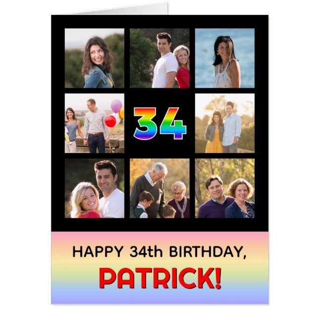 34th Birthday: Fun Rainbow #, Custom Photos & Name Card (Front)
