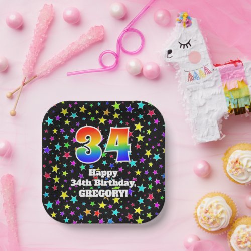 34th Birthday Fun Stars Pattern and Rainbow 34 Paper Plates