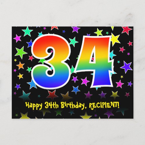 34th Birthday Fun Stars Pattern Rainbow 34 Name Postcard