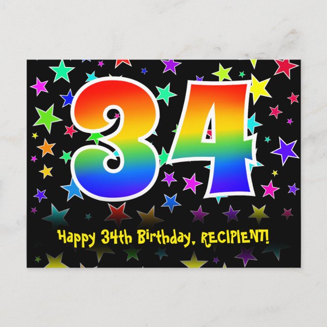 34th Birthday: Fun Stars Pattern, Rainbow 34, Name Postcard (Front)