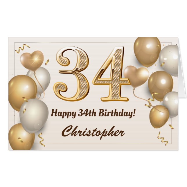 34th Birthday Gold Balloons Confetti Extra Large Card (Front Horizontal)
