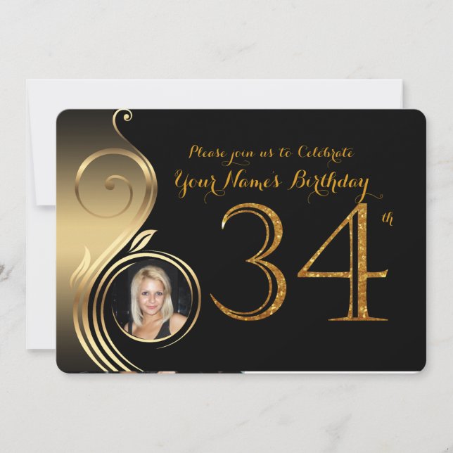 34th,Birthday Invitation,Number Glitter Gold,Photo Invitation (Front)
