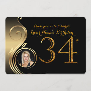 34th,Birthday Invitation,Number Glitter Gold,Photo Invitation