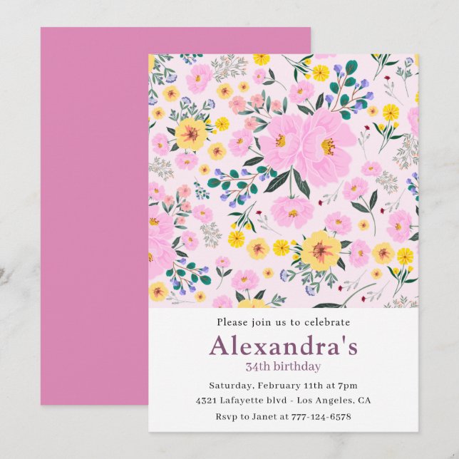 34th birthday invitations Boho Floral Pink (Front/Back)